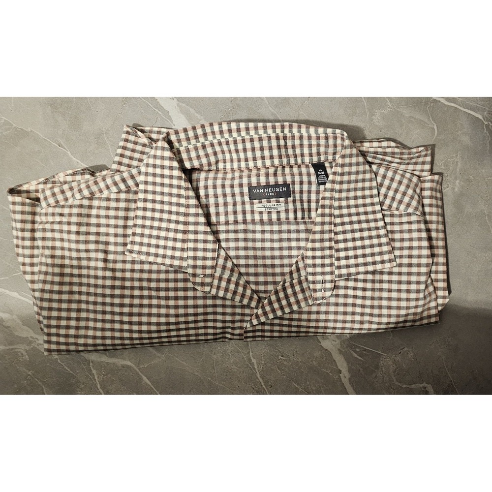 Van Heusen Button Down Mens 19 34/35 Brown Regular Fit Stretch - Picture 5 of 10